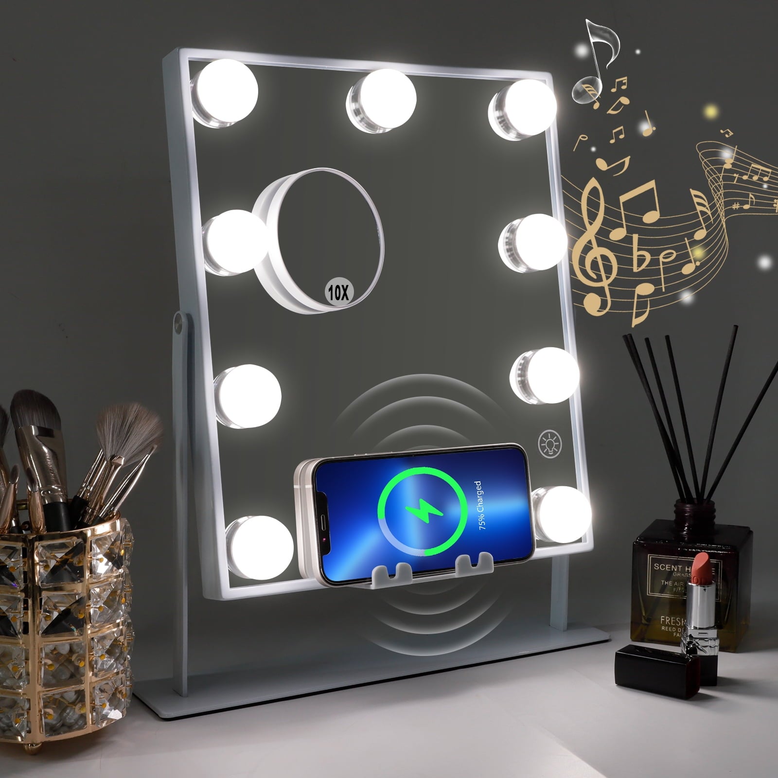 Hollywood Vanity Makeup Mirror with Lights Bluetooth Wireless Charging Tabletop Metal White