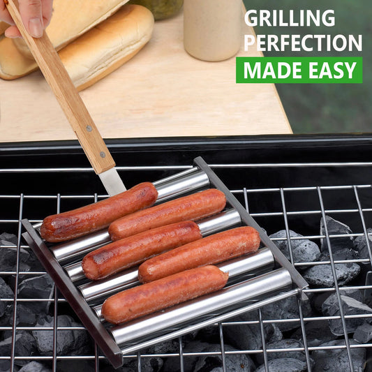 Hotdog Roller Grillers BBQ Tools Hot Dog Roller with Extra Long Wood Handle Stainless Steel Sausage Roller