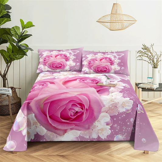 Beautiful Red Flower  Digital Printing Polyester Bed Flat Sheet With Pillowcase Print Bedding Set