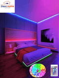 65.6 Ft. LED Smart Strip Lights illuminating a bedroom with vibrant colors, controlled via app and remote, adding a modern, cozy ambiance.