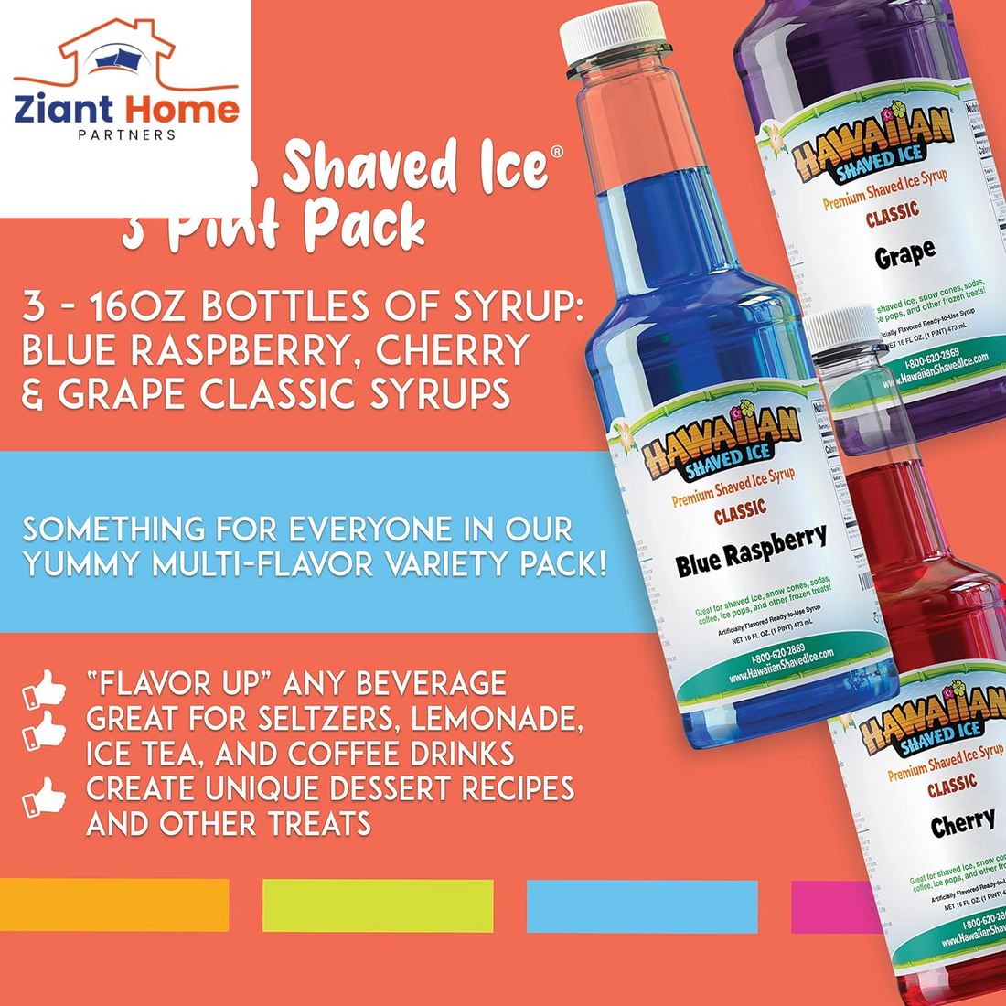 Hawaiian Shaved Ice Syrup Assortment, 3 - 16Oz Bottles of the Most Popular Flavors: Cherry, Grape, Blue Raspberry. Perfect for Shaved Ice, Snow Cones, Sodas, Ice Pops, and Slushies. Allergy-Friendly