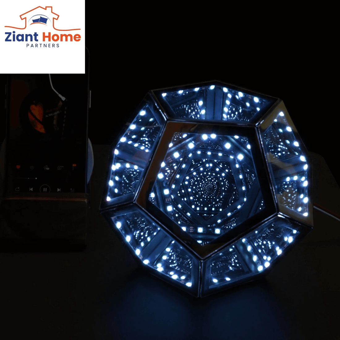 Infinity Ziantful Magic Table Lamp with 7 colors and 300+ effects, featuring unique geometric design illuminated with LED lights.