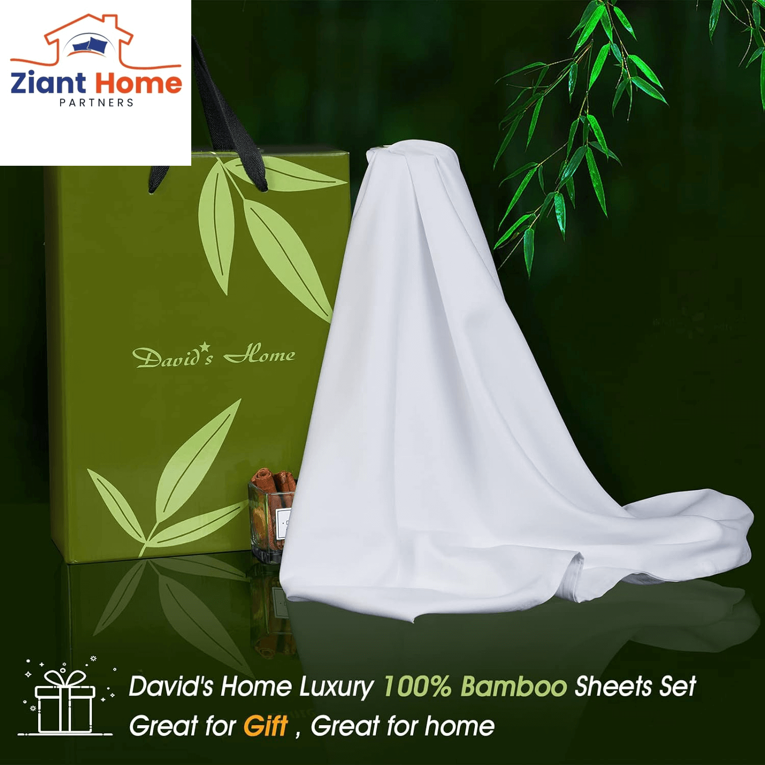 Ziant Home 100% Bamboo Cooling Sheets Set in White, perfect gift, displayed with green packaging, luxury silky soft breathable bedding.