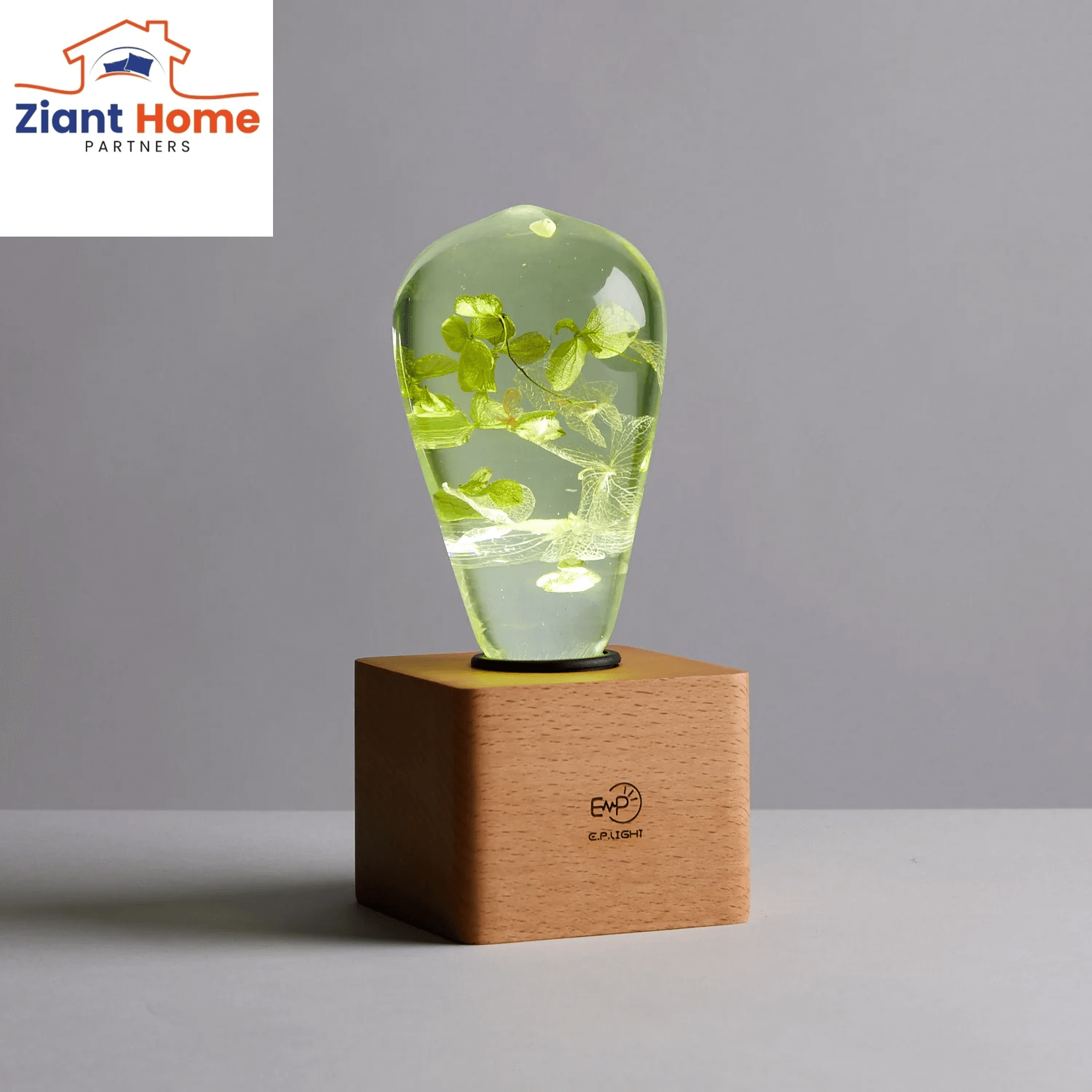 Eco-friendly EP Ziantful Light with white hydrangea design in a durable resin bulb on a wooden base by Ziant Home Partners