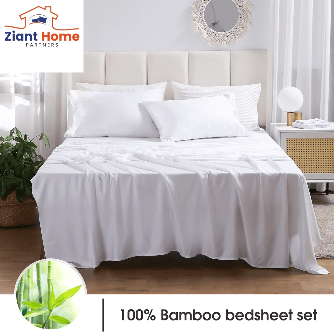 Ziant Homez luxury silky soft white bamboo cooling sheets set on queen bed with pillowcase, perfect for hot sleepers in spring and summer.