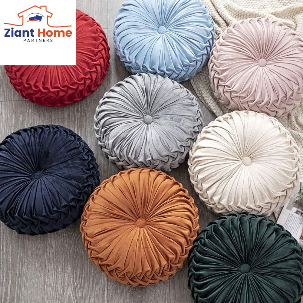 Round Throw Pillow Velvet Home Decoration Pleated round Pillow Cushion for Couch Chair Bed Car Orange