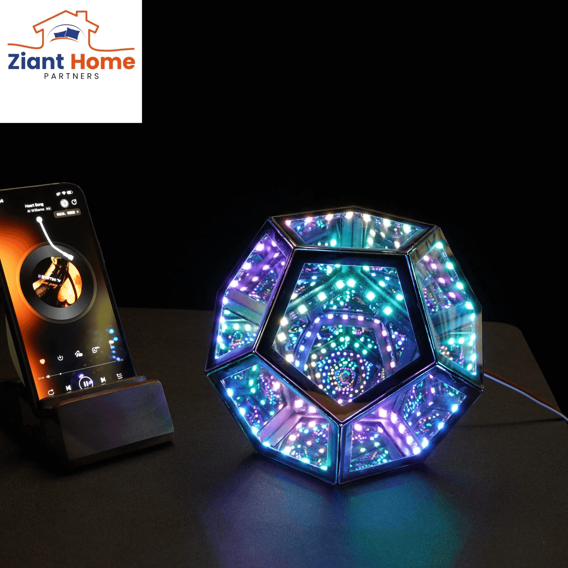 Infinity Ziantful Magic Table Lamp displaying vibrant colors and multi-color effects, includes convenient remote control, enhancing home decor.