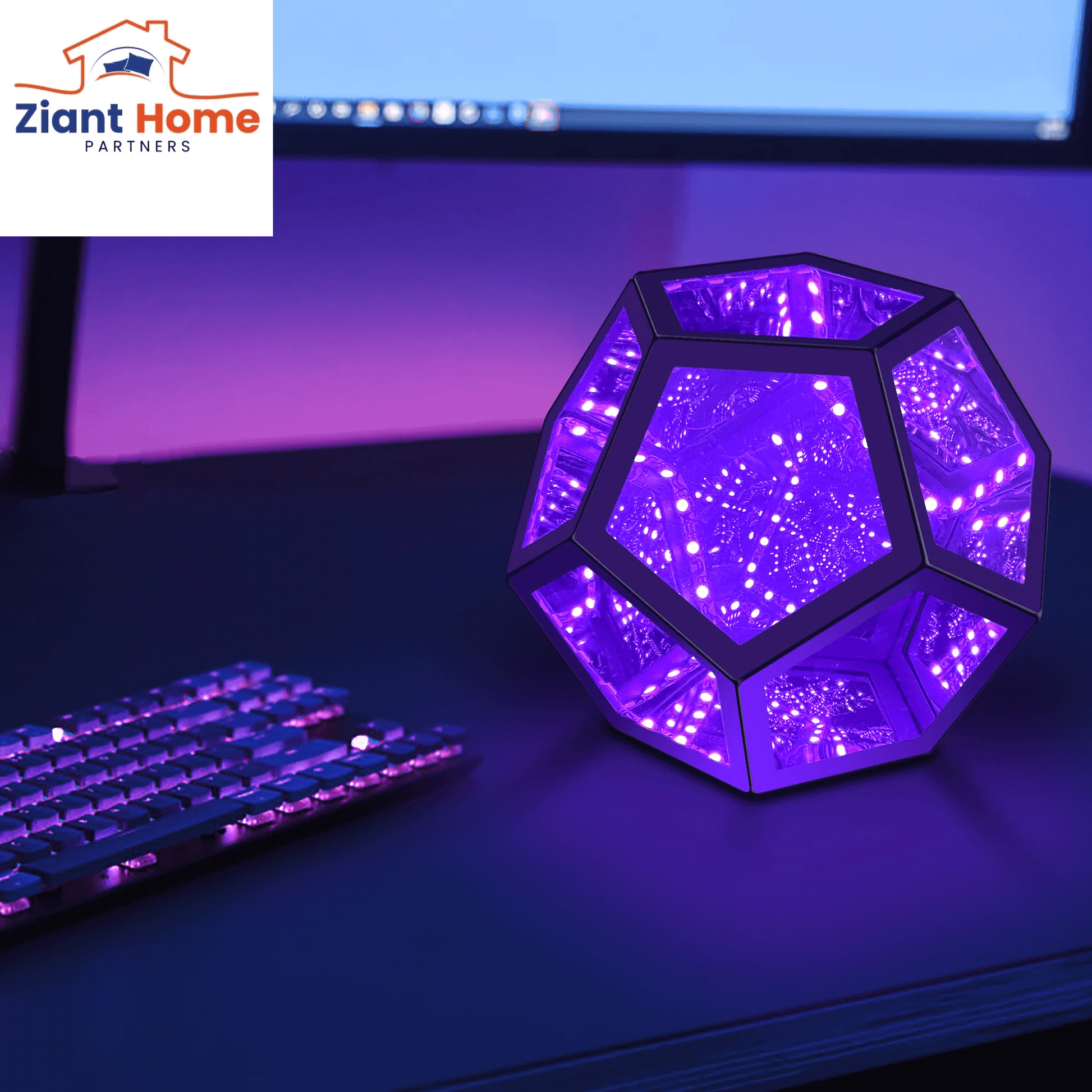 Infinity Ziantful Magic Table Lamp displaying mesmerizing purple lights on a desk near a keyboard at Ziant Home Partners.