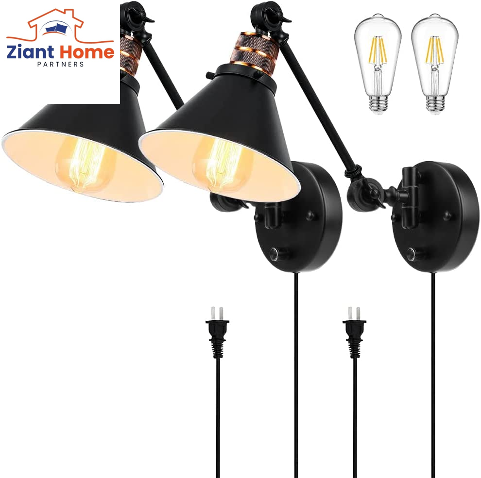 Plug in Wall Sconces Set of 2, PARTPHONER Swing Arm Wall Lamp with Dimmable on off Switch, Metal Black Vintage Industrial Wall Mounted Lighting Reading Light Fixture for Bedside Bedroom Indoor Doorway