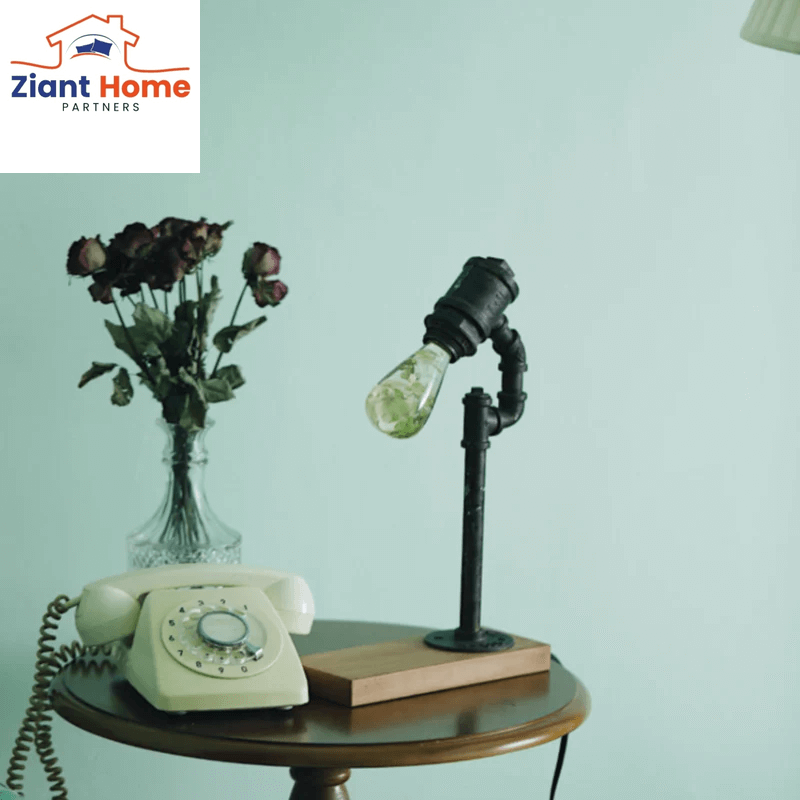 Vintage table setup with EP Ziantful Light White Hydrangea bulb in a rustic lamp, beside an old rotary phone and a vase of dried flowers.