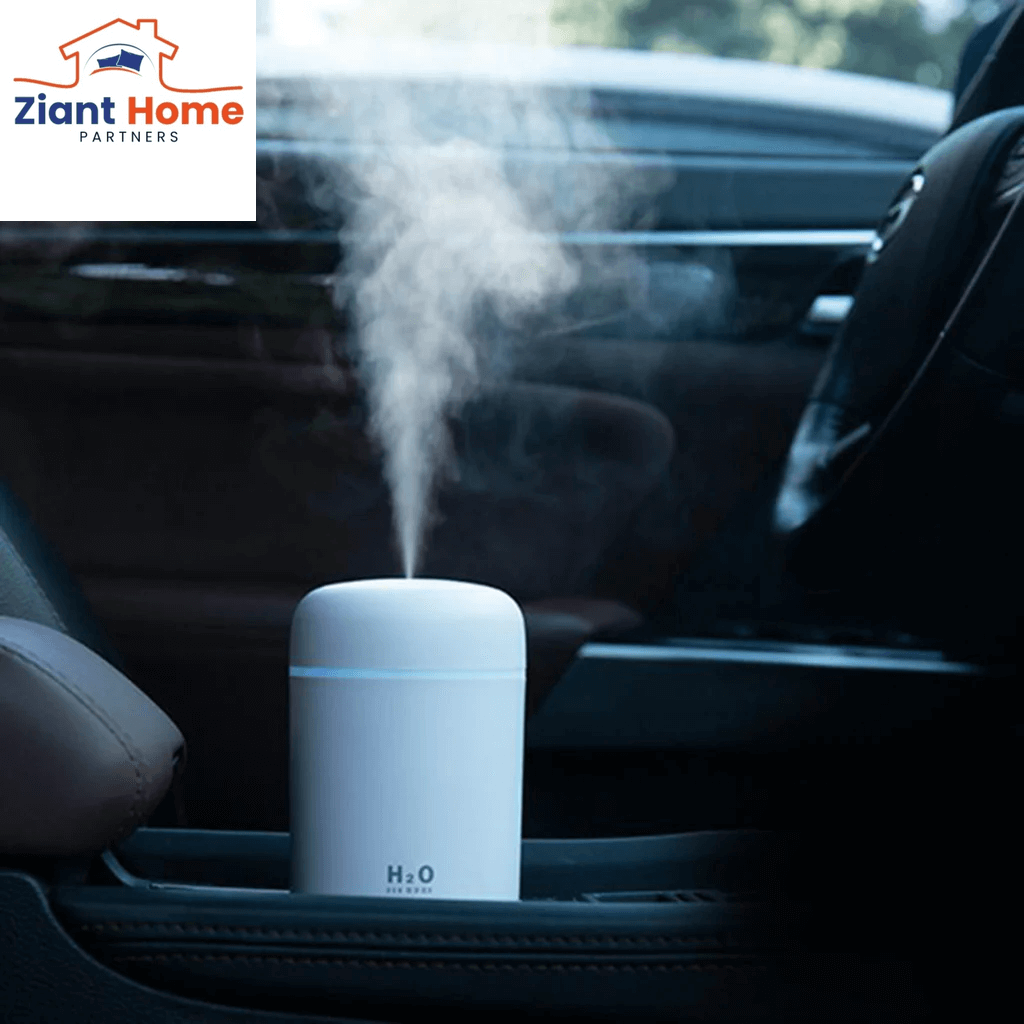 300Ml Mini Air Humidifier Ultrasonic Aroma Essential Oil Diffuser in car, releasing mist, USB powered for home and travel use.