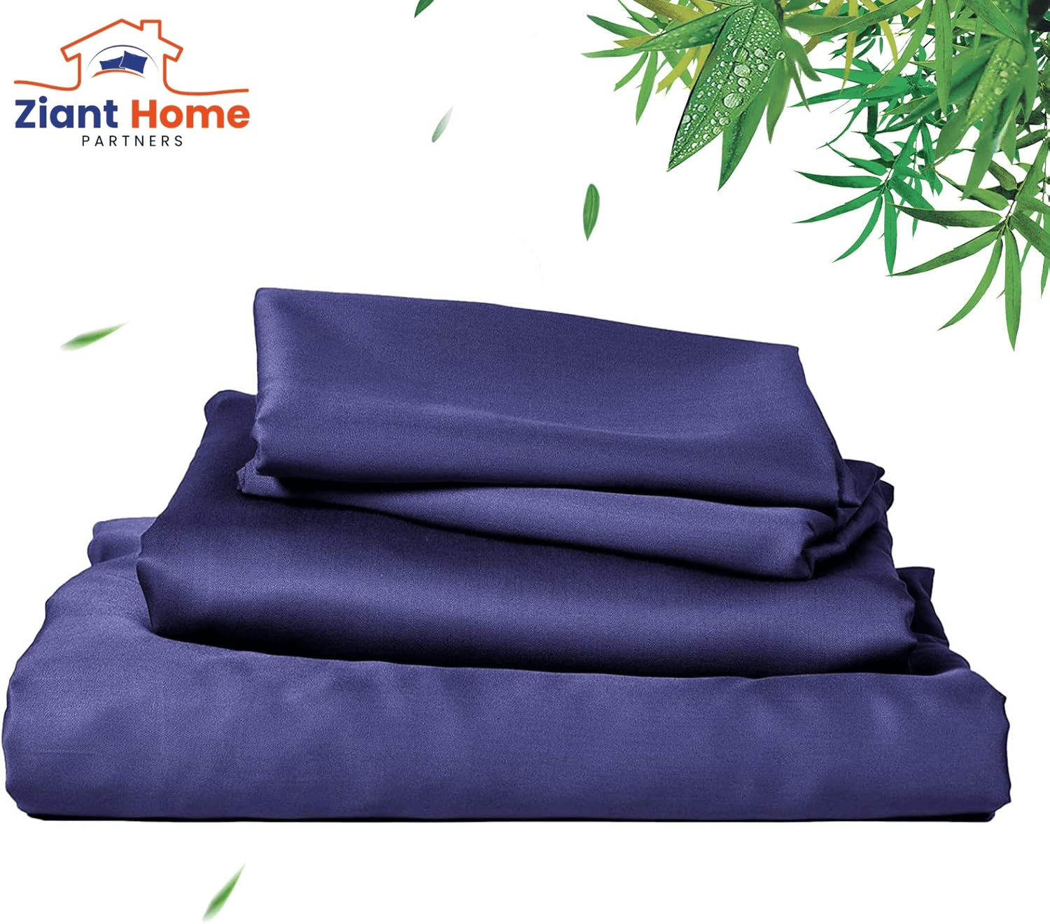 Ziant Homez blue bamboo cooling sheets set with bamboo leaves background, showcasing silky soft and breathable fabric for hot sleepers.