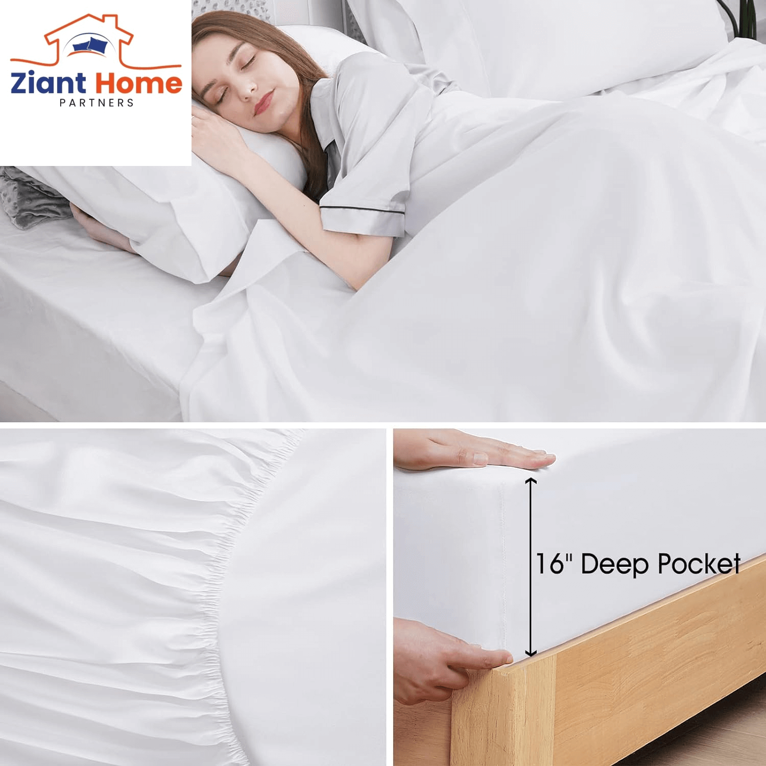 Woman sleeping comfortably on Ziant Homez white bamboo cooling sheet set with illustrated 16" deep pocket feature.