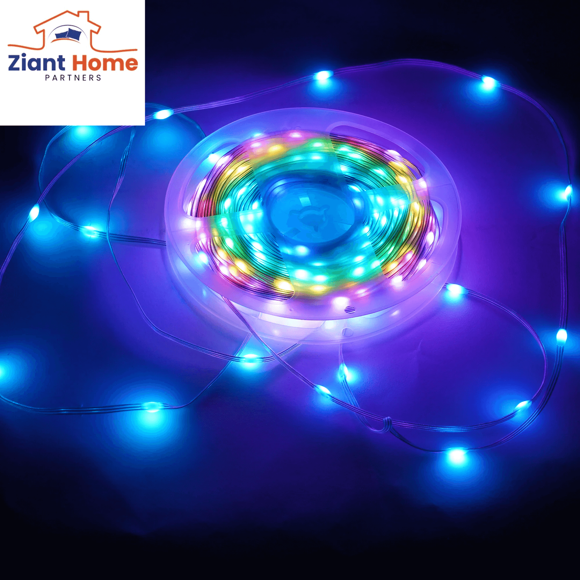 65.6 Ft. LED Smart Strip Lights with Remote & App Control, displaying vibrant multicolored lights.