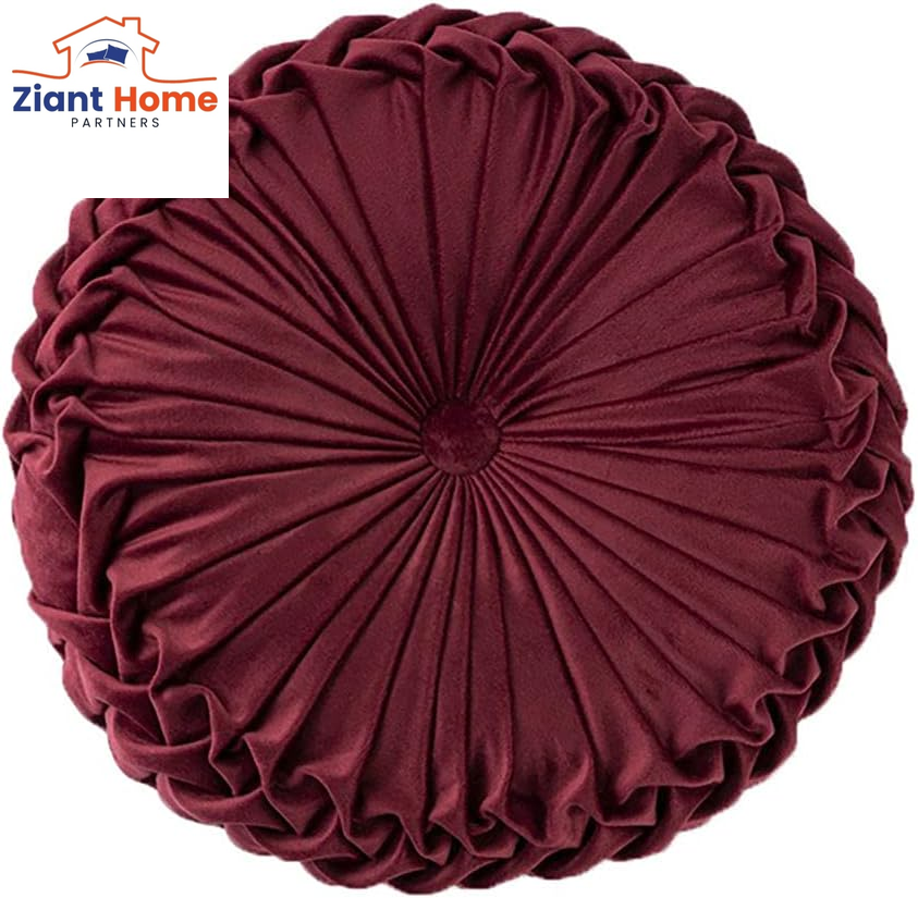 Round Throw Pillow Velvet Home Decoration Pleated round Pillow Cushion for Couch Chair Bed Car Orange