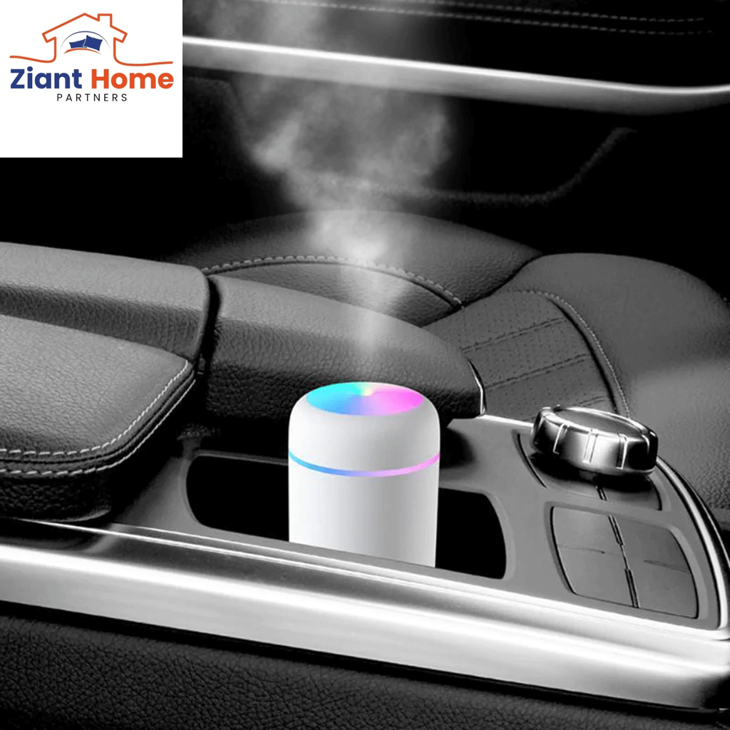 300Ml Mini Air Humidifier Ultrasonic Aroma Essential Oil Diffuser with USB in a car cup holder, misting and creating a calming atmosphere.