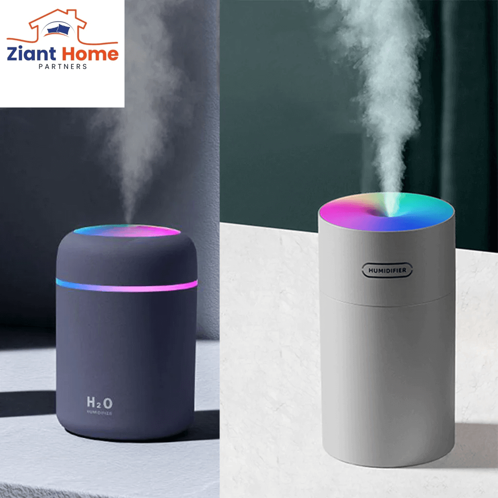 Stylish 300Ml Mini USB Air Humidifiers, Ultrasonic Aroma Essential Oil Diffusers with LED Lights in Black and White Designs, by Ziant Home Partners.