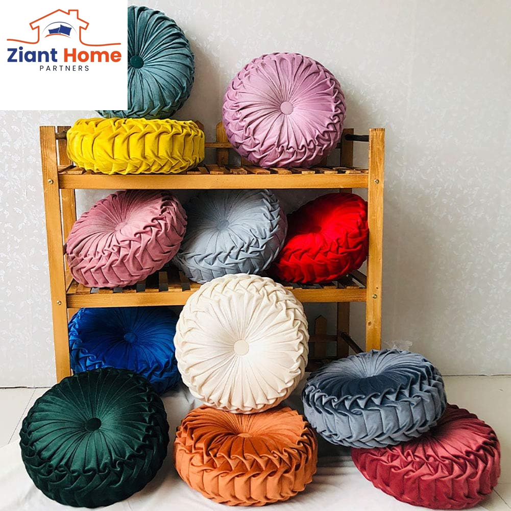 Round Throw Pillow Velvet Home Decoration Pleated round Pillow Cushion for Couch Chair Bed Car Orange