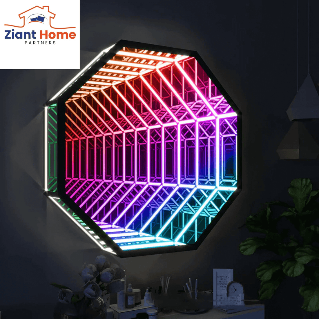 Infinity mirror light creating stunning visual effects with adjustable brightness and flashing speed for any room and occasion