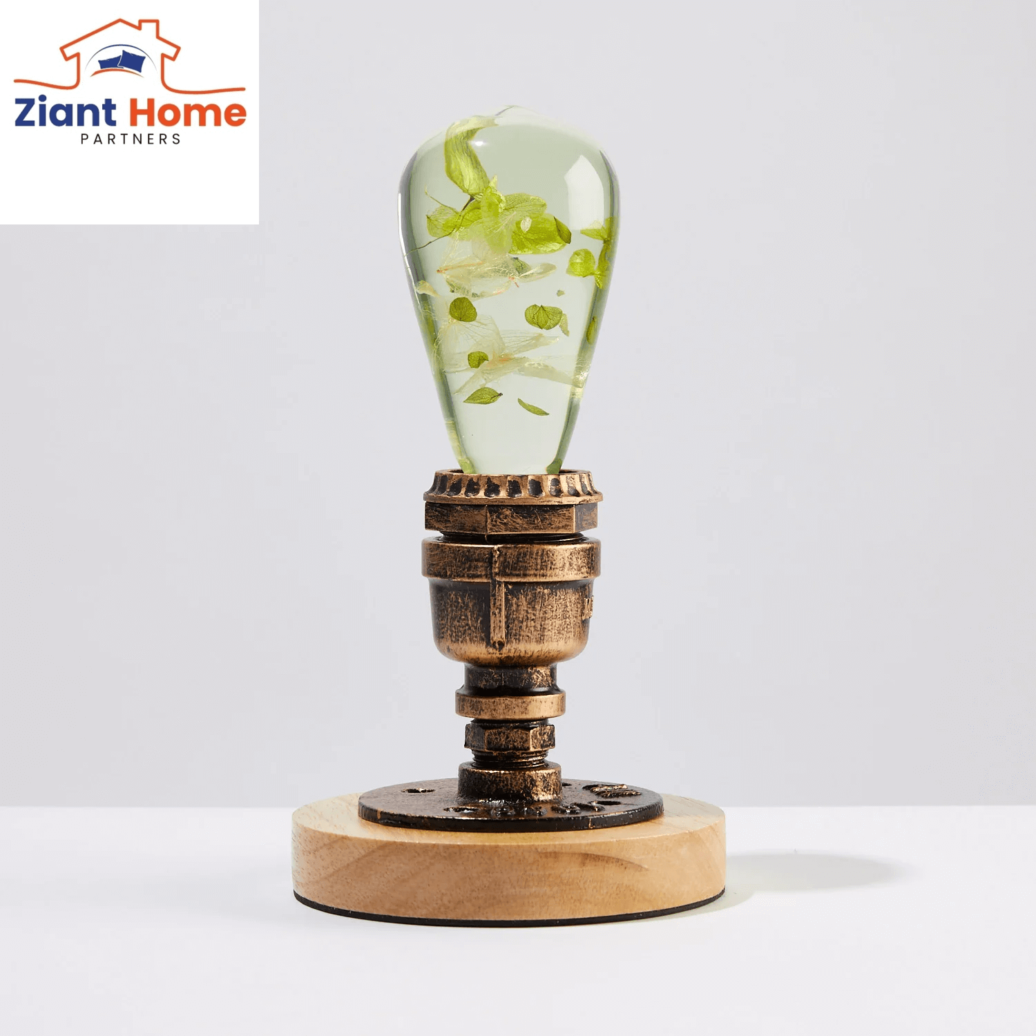 Handcrafted EP Ziantful Light - White Hydrangea bulb in an eco-friendly resin design, sitting on a rustic wooden base.