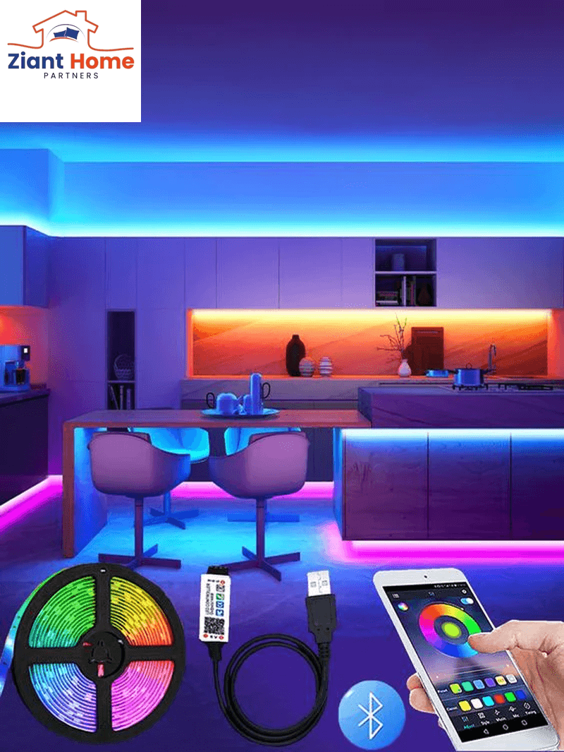 Modern living room with colorful LED smart strip lights, remote and app controlled, for a vibrant and stylish home decoration.