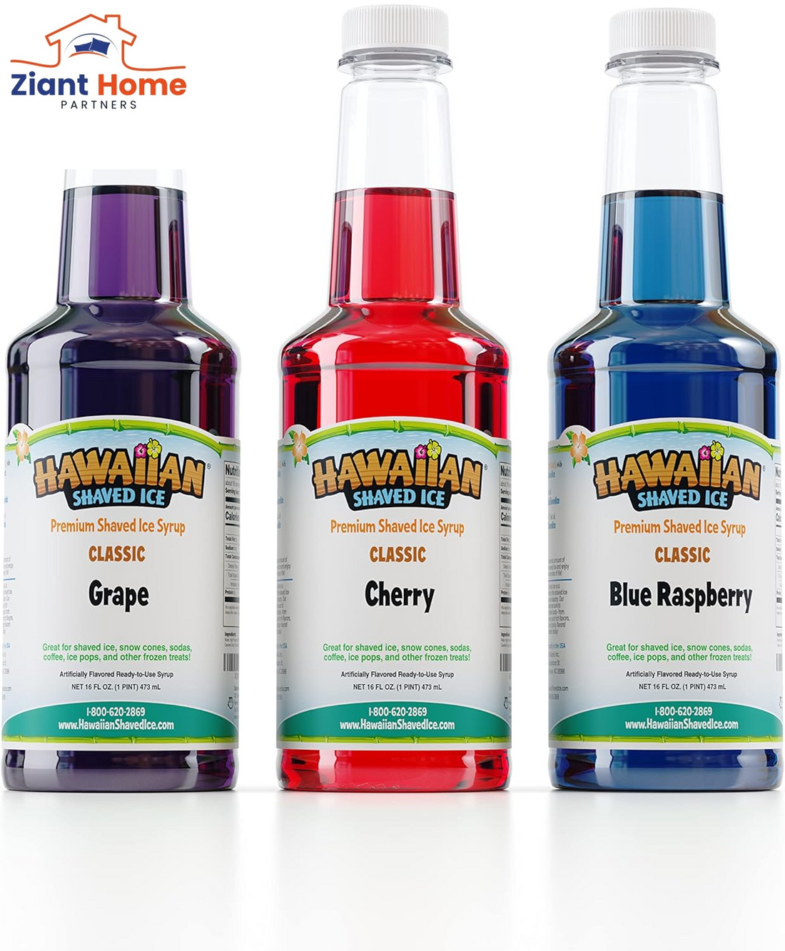 Hawaiian Shaved Ice Syrup Assortment, 3 - 16Oz Bottles of the Most Popular Flavors: Cherry, Grape, Blue Raspberry. Perfect for Shaved Ice, Snow Cones, Sodas, Ice Pops, and Slushies. Allergy-Friendly