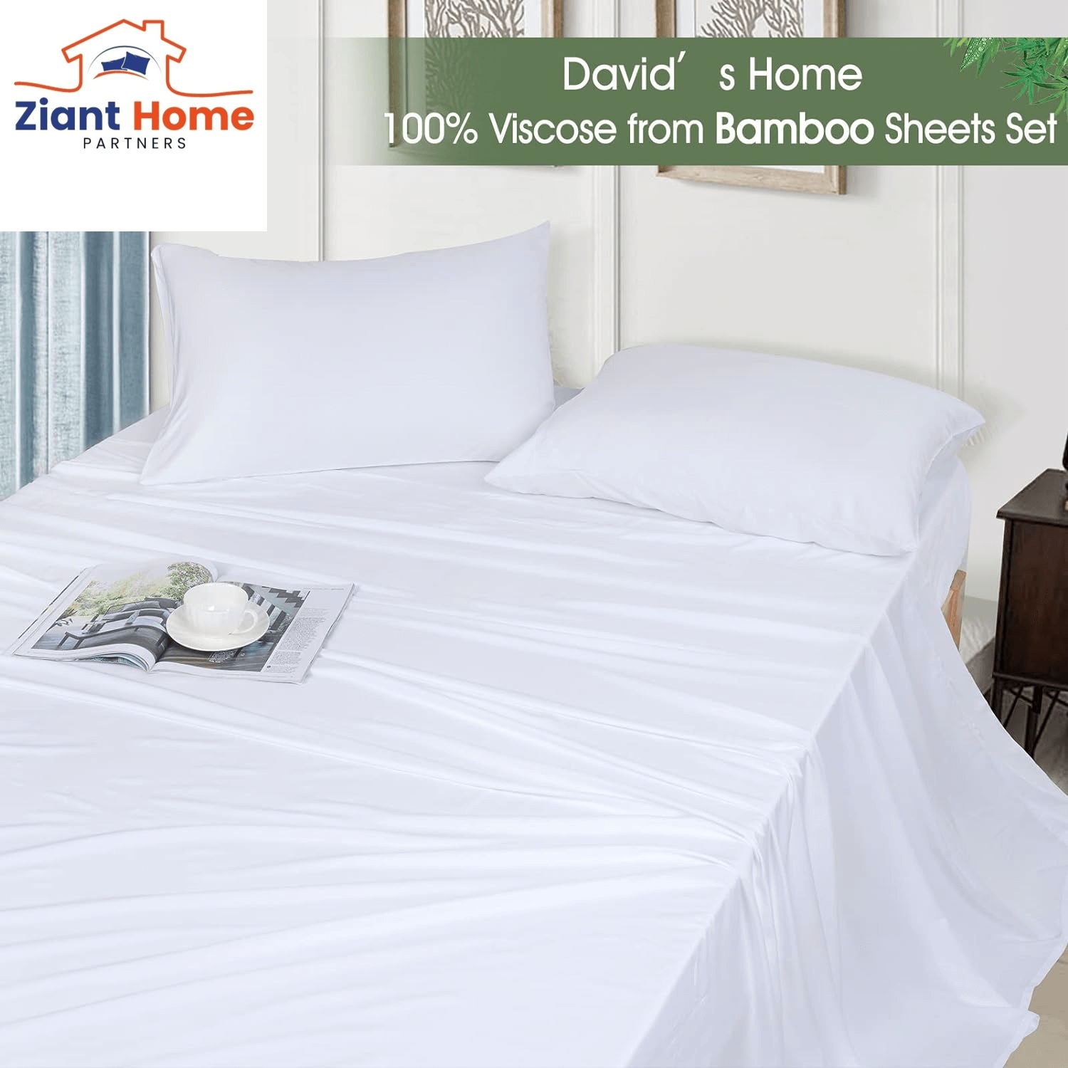 Luxurious white bamboo cooling sheets set on a queen-sized bed with two pillowcases, perfect for hot sleepers and spring or summer nights.