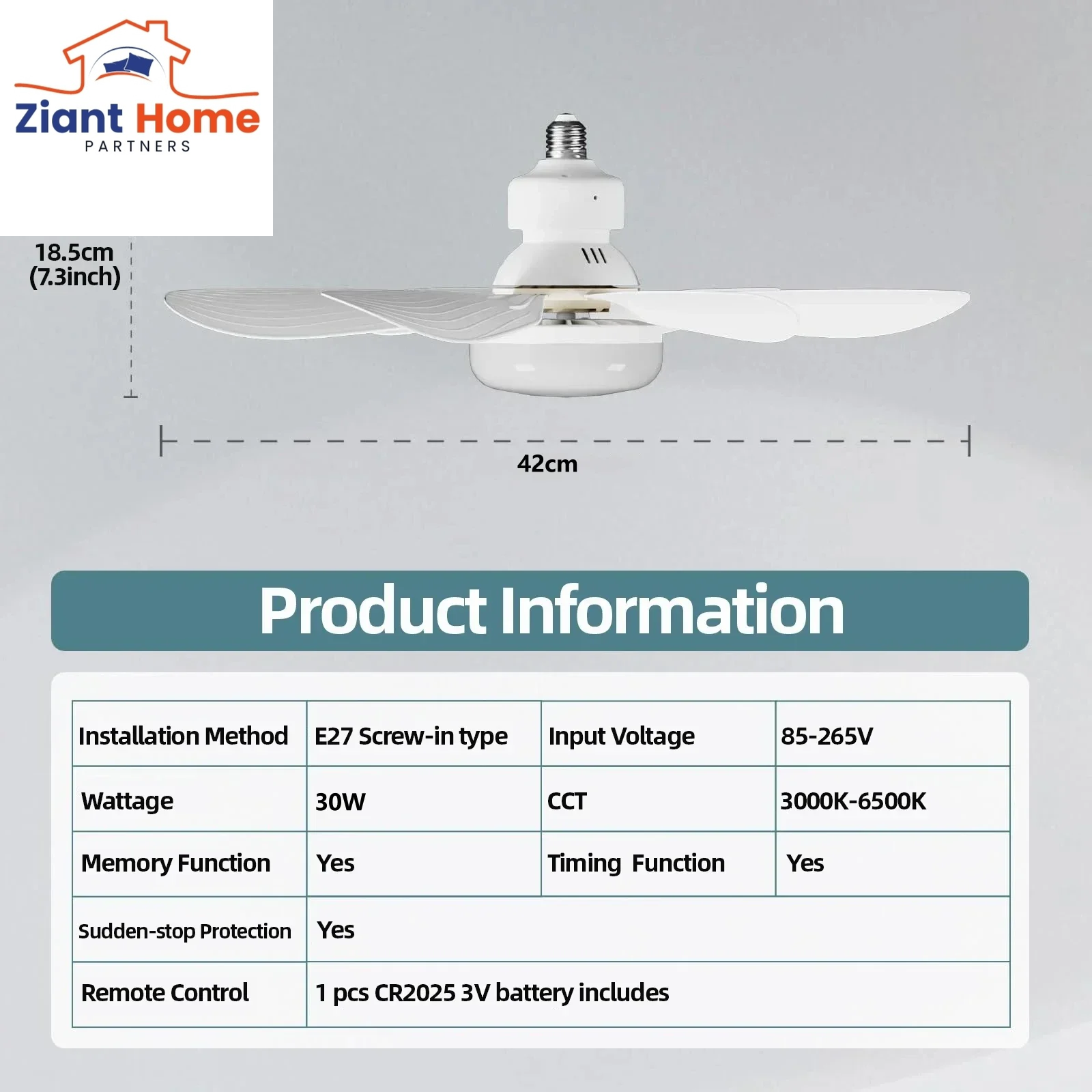 Ceiling Fan Light LED 30W E27 with Remote Control 