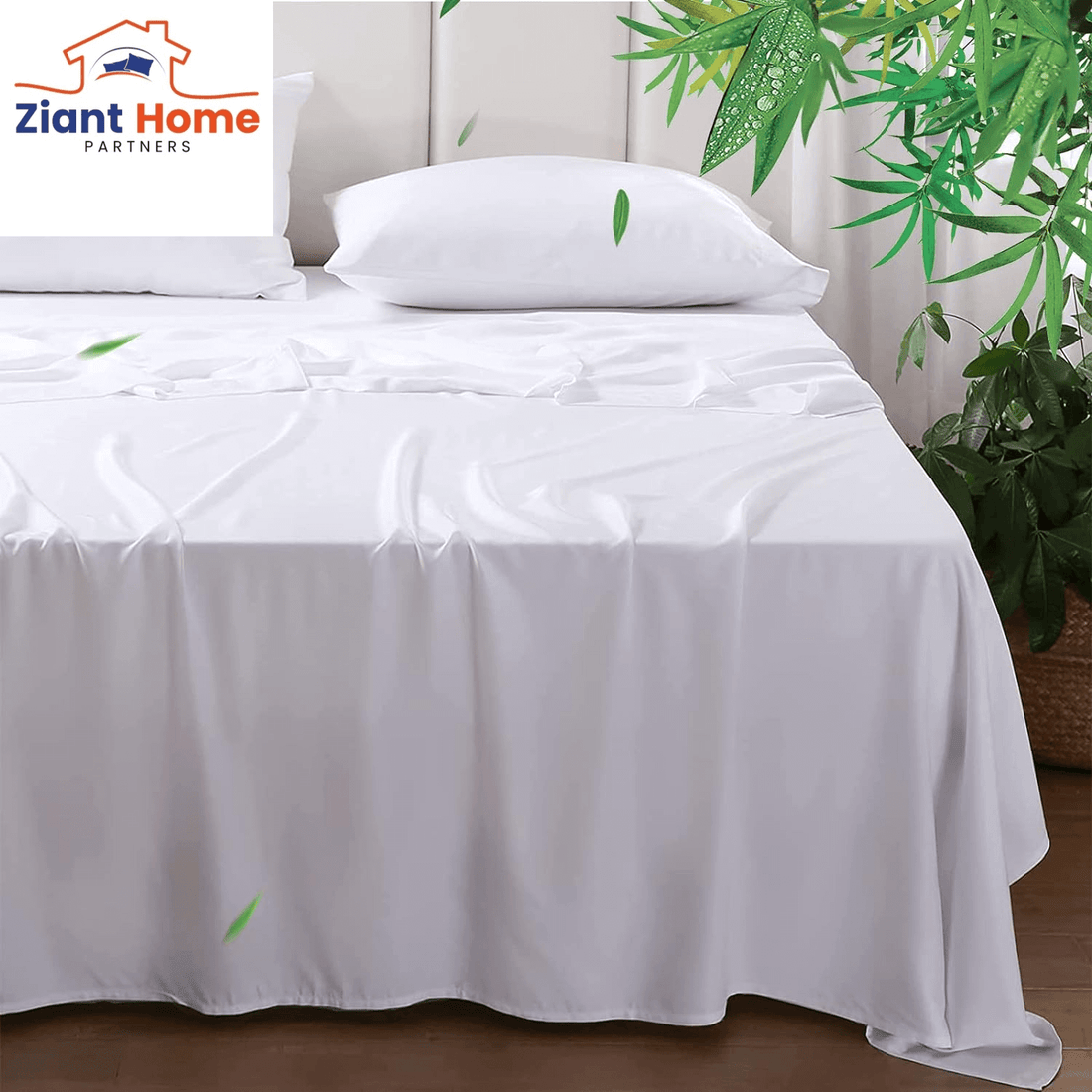 Ziant Homez luxury silky soft white bamboo cooling sheets set on queen bed with pillowcase, perfect for hot sleepers in spring and summer.