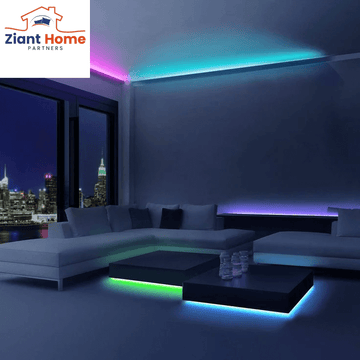 Modern living room with colorful LED smart strip lights, remote and app controlled, for a vibrant and stylish home decoration.