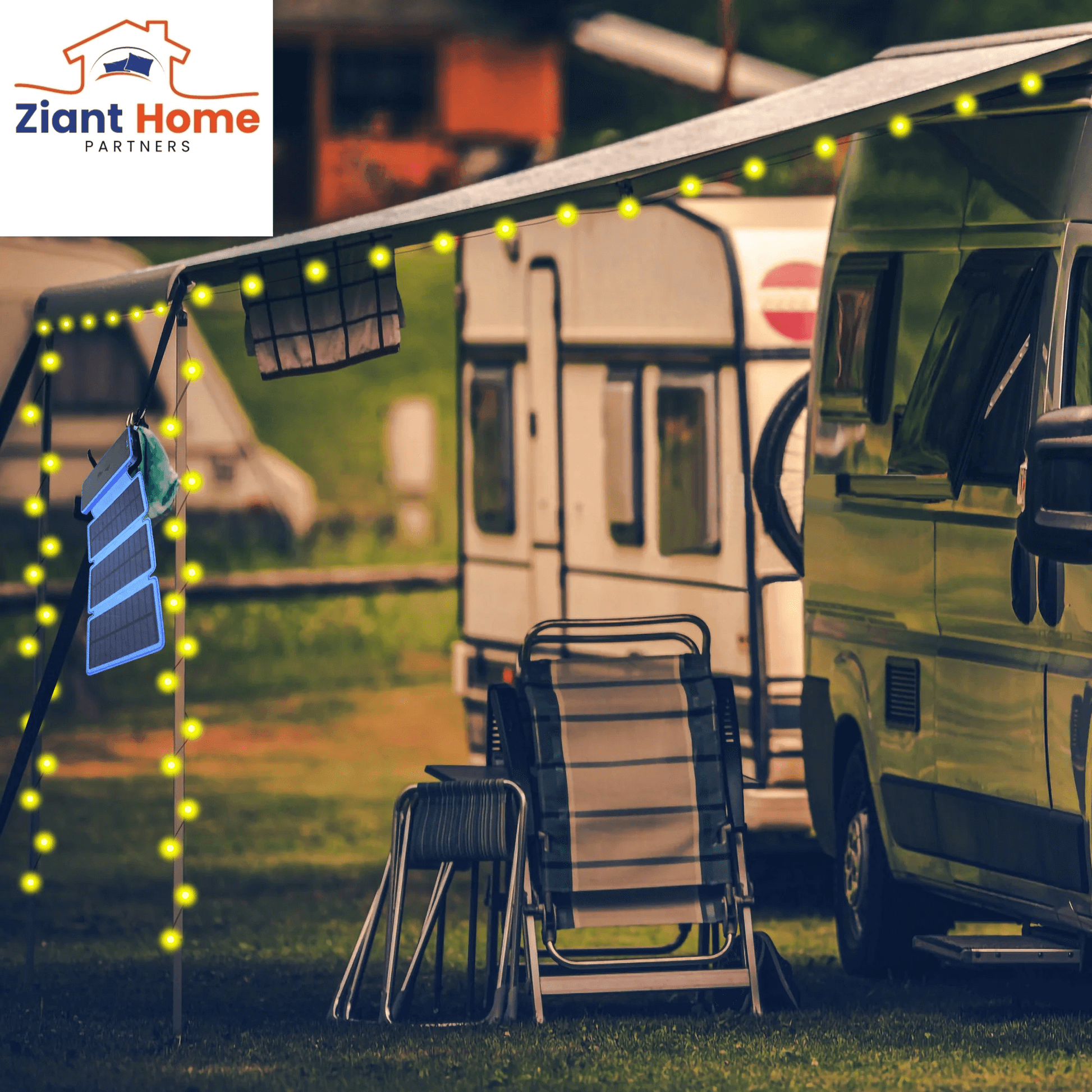 Cozy RV setup with LED string lights creating a festive outdoor camping ambiance from Ziant Home Partners.