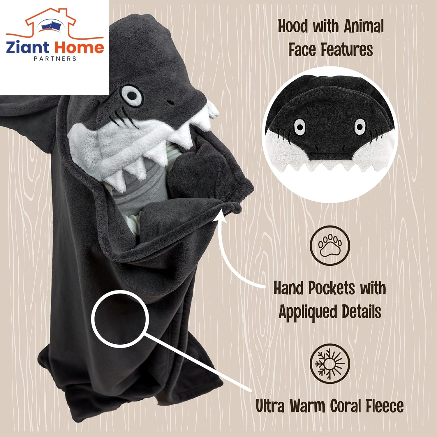 Lazy One Wearable Hooded Blanket for Kids, Animal Hooded Blanket (Shark Blanket)